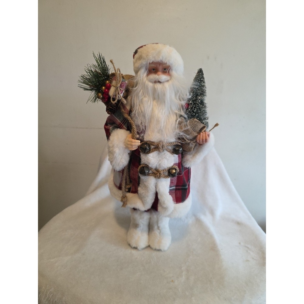 Vintage Santa Claus Figurine w/ Plaid Coat & Tree–Christmas Holiday Decor-17 in‎